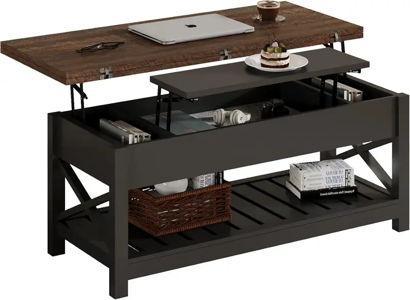 Convertible Coffee Table with Hidden Storage  Multi-Function Design Transforms into Dining Table, White & Brown Two-Tone Finish