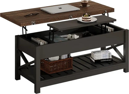 Convertible Coffee Table with Hidden Storage  Multi-Function Design Transforms into Dining Table, White & Brown Two-Tone Finish