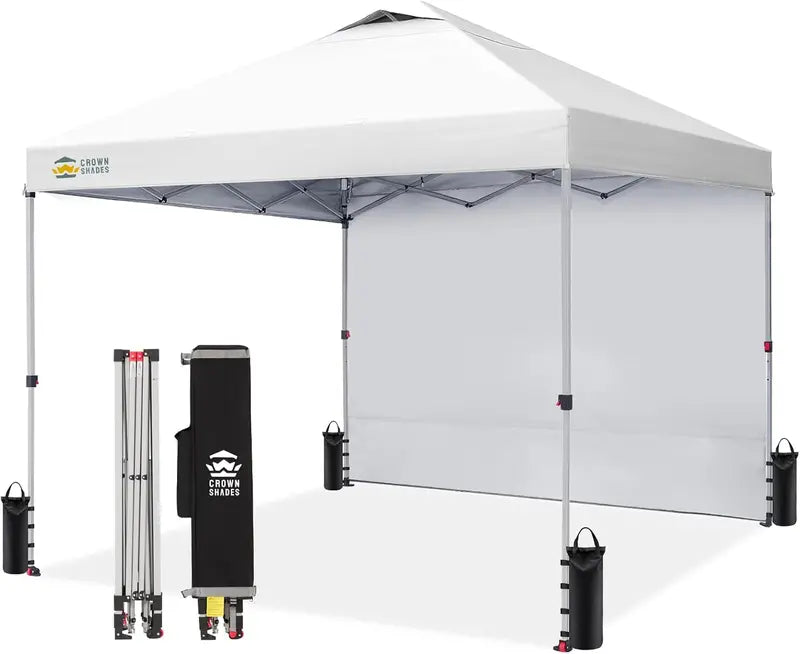 CROWN SHADES 10′ x 10′ Pop-Up Canopy with Single Sidewall: Portable Event Shelter for Parties, Campgrounds, and Outdoor Markets — Includes STO-N-Go Carry Bag