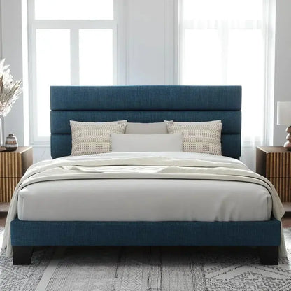Allewie King Platform Bed Frame  Velvet-Upholstered Headboard with Solid Wood Slats