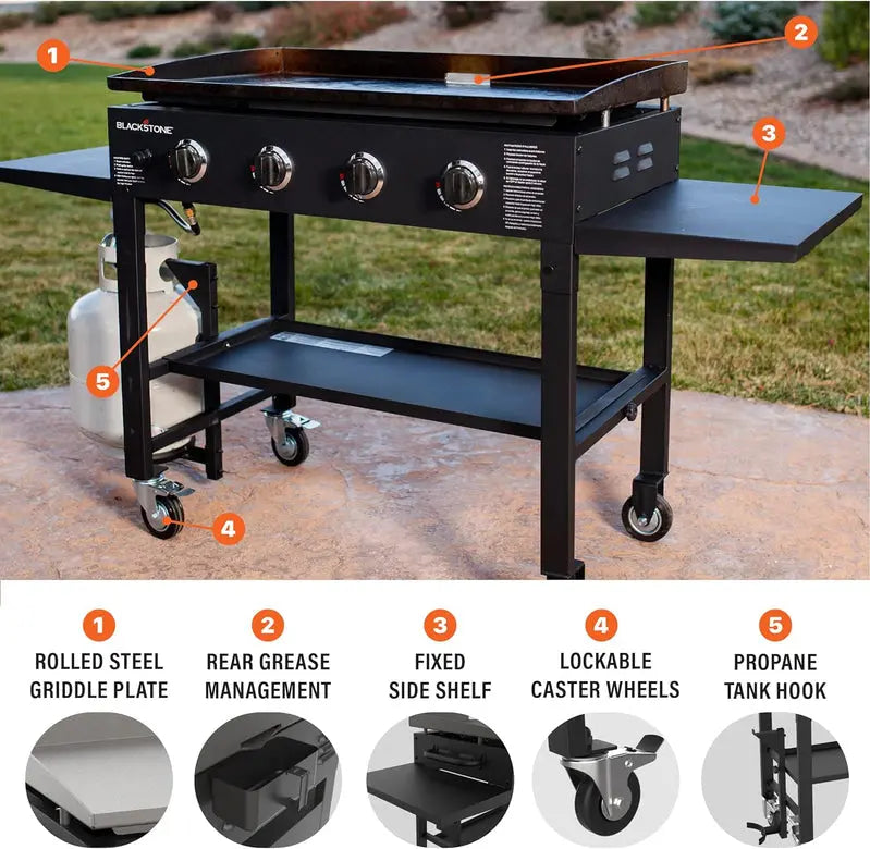 Commercial-Style 36″ 4-Burner Gas Griddle Station  Propane-Powered Flat Top Grill with Side Stands