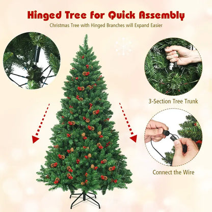 6.5-Foot Pre-Lit Christmas Tree with 1100 Branch Tips, Pine Cones & Red Berries