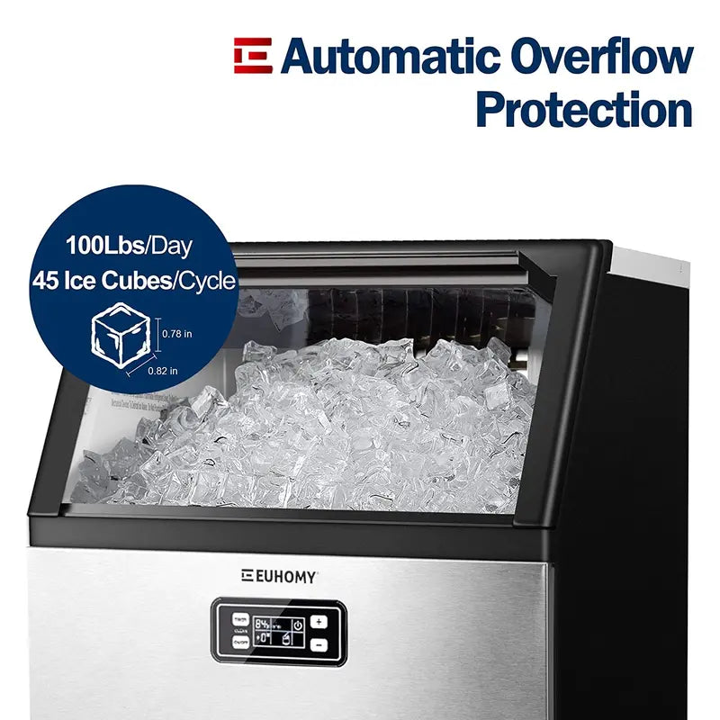 Euhomy Commercial Undercounter Ice Maker  100-Lb/Day Stainless Steel Unit with Dual Water Inlets