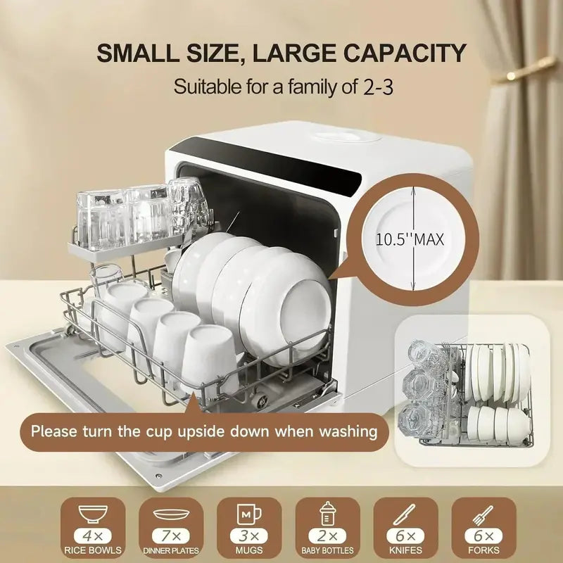 Compact Double-Spray Arm Countertop Dishwasher for Easy On-Demand Cleaning