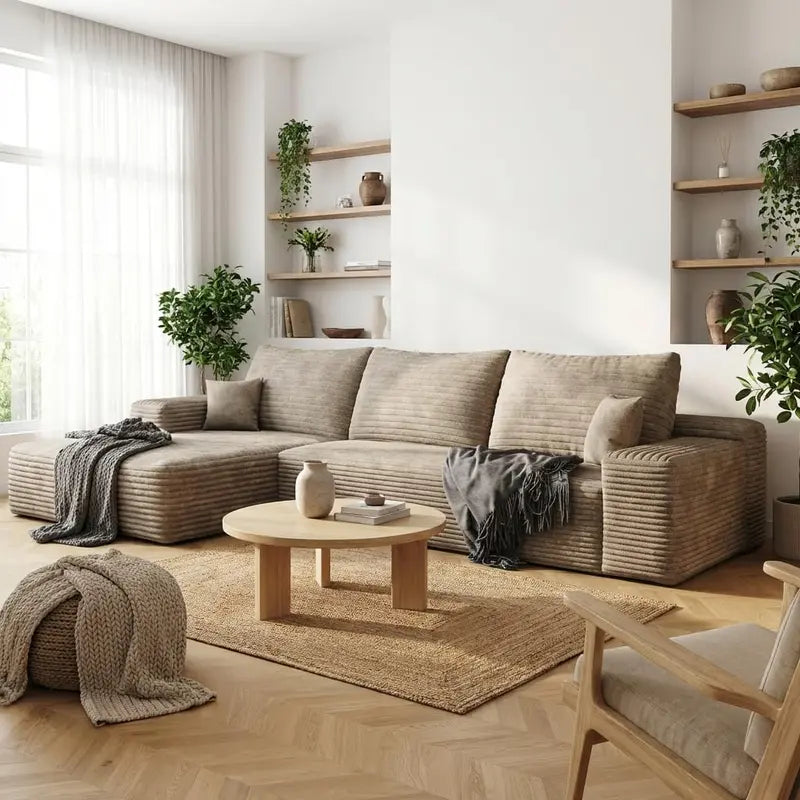 135″ Minimalist Corduroy Sectional  Compressed High-Density Foam Lounge Sofa with Anti-Slip Base