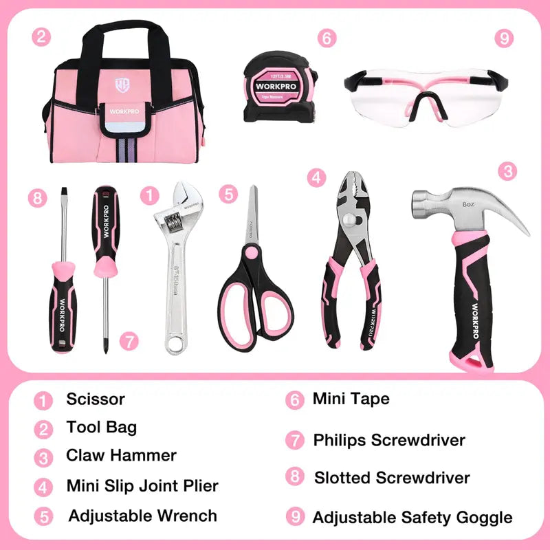WORKPRO Kids’ Junior Tool Set  9-Piece with Pink/Blue Bag  Pink Ribbon Edition