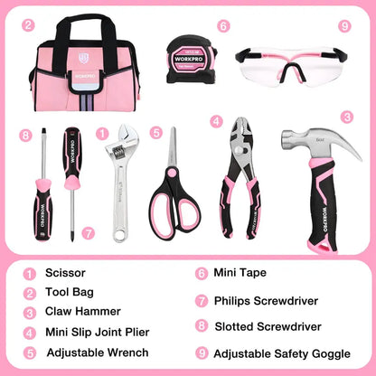 WORKPRO Kids’ Junior Tool Set  9-Piece with Pink/Blue Bag  Pink Ribbon Edition