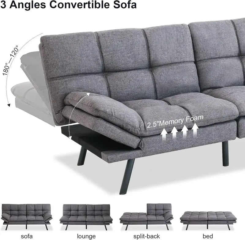 Modern Futon Sofa Bed  Memory Foam Cushioned Convertible Couch with Supportive Sleep Surface