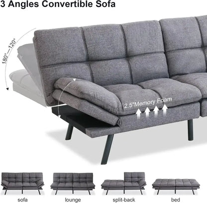 Modern Futon Sofa Bed  Memory Foam Cushioned Convertible Couch with Supportive Sleep Surface