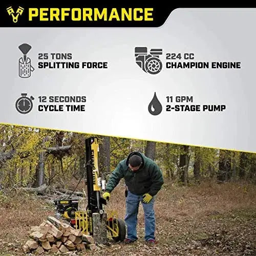 Champion 100251 25-Ton Gas-Powered Log Splitter  Dual-Position (Horizontal/Vertical) with Auto-Return
