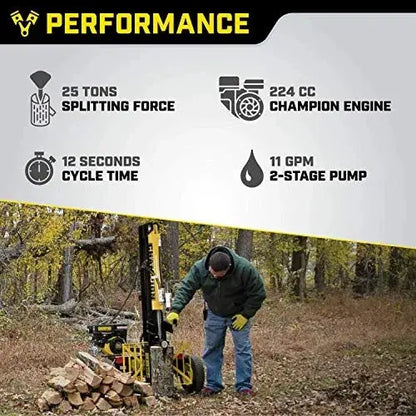 Champion 100251 25-Ton Gas-Powered Log Splitter  Dual-Position (Horizontal/Vertical) with Auto-Return
