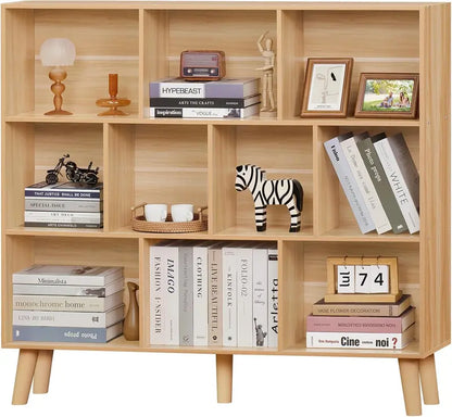 LEYAOYAO Natural Wood 7-Cube Bookshelf  Modern Open-Back Storage Unit with Solid Legs