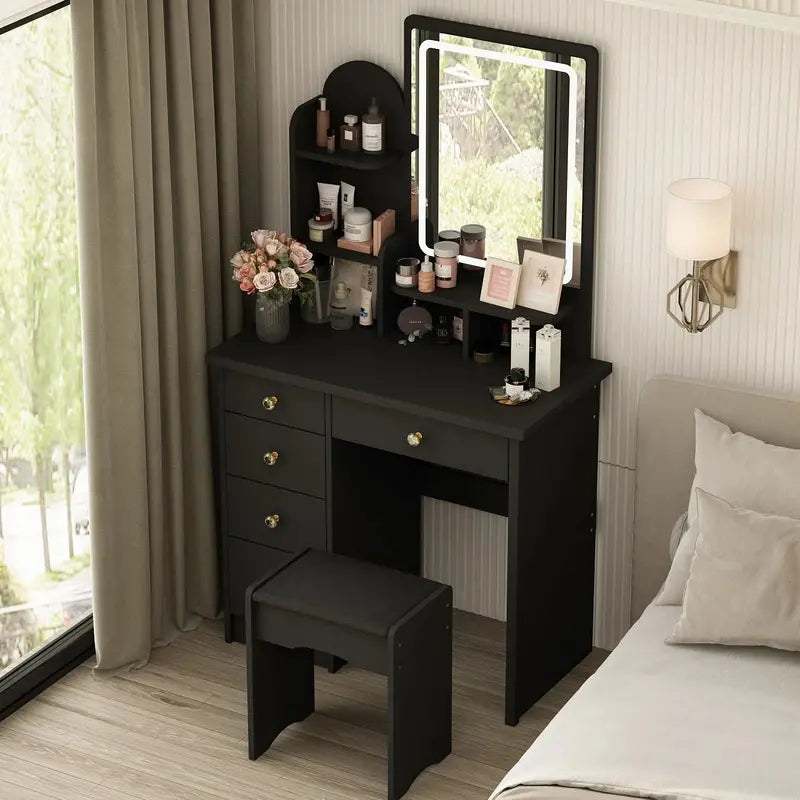 LED-Lit Makeup Vanity Desk Set  Includes Mirror, Adjustable Lighting, and Matching Stool