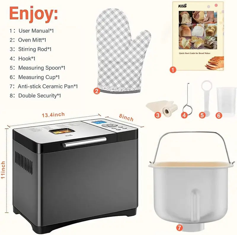 KBS 2LB Stainless Steel Bread Machine  19-in-1 Programmable Baker with Ceramic Pot and Three Loaf Sizes