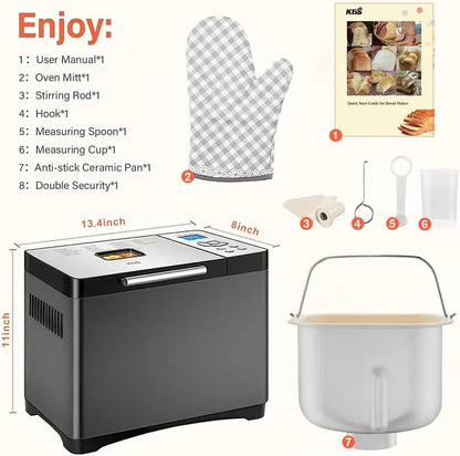 KBS 2LB Stainless Steel Bread Machine  19-in-1 Programmable Baker with Ceramic Pot and Three Loaf Sizes