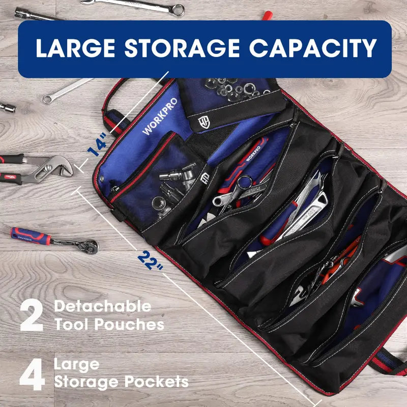 WORKPRO Heavy-Duty Rolling Tool Organizer  6-Pocket Roll-Up Bag with Detachable Pouches