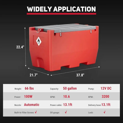 50-Gallon Portable Fuel Transfer Tank for Gasoline & Diesel  12V DC Pump, 10.6 GPM Flow, Red Finish