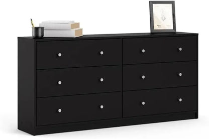 Scandinavian-Inspired 3-Piece Bedroom Set  Engineered Wood Chest, Double Dresser &amp; Nightstand in Black with Pewter Handles
