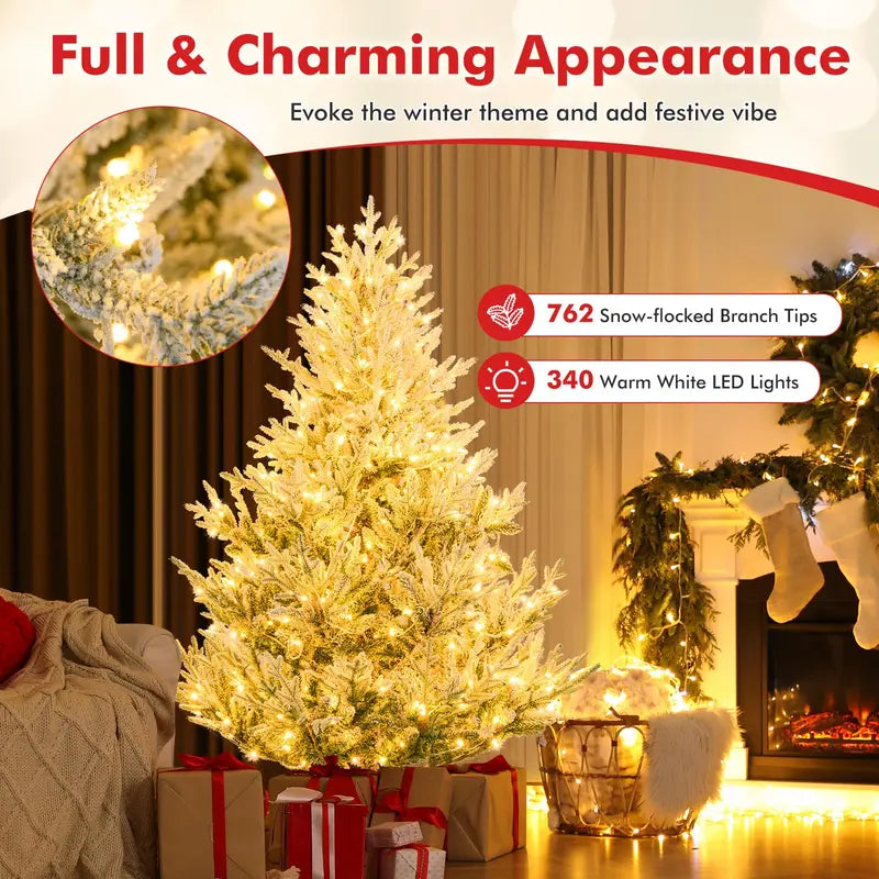 6-Foot to 8-Foot Pre-Lit Snow-Flocked Christmas Tree for Indoor or Office Holiday Display