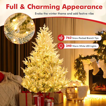 6-Foot to 8-Foot Pre-Lit Snow-Flocked Christmas Tree for Indoor or Office Holiday Display