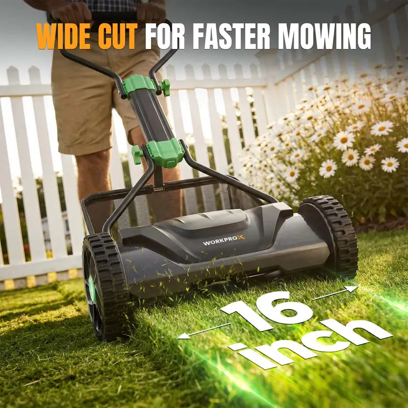WORKPROX 16-Inch Manual Push Reel Lawn Mower with Adjustable Height and Integrated Grass Catcher