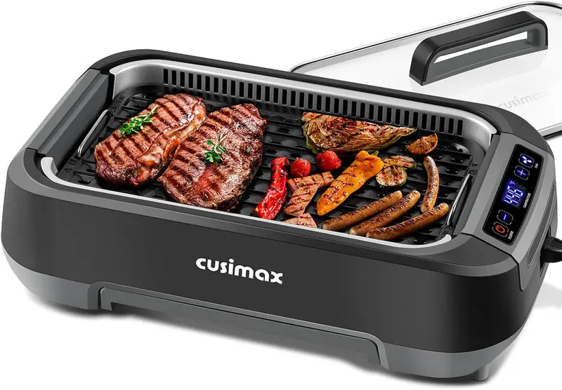 CUSIMAX 1500W Korean BBQ Grill: LED Smart Display, Tempered Glass Lid, Non-Stick Removable Grill Plate, and Efficient Smoke Extraction System
