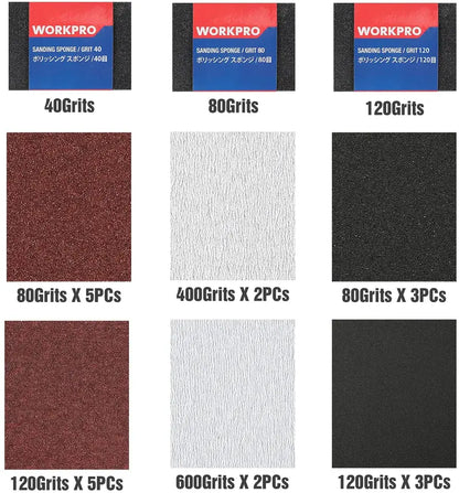 WORKPRO Assorted Sandpaper Pack  24 Sheets (80600 Grit) with Sanding Holder