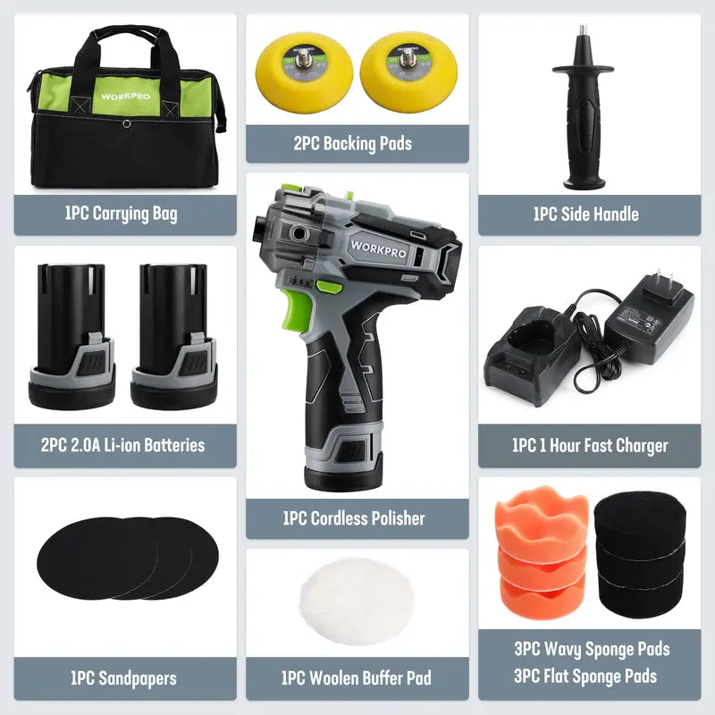 WORKPRO 12V Mini Cordless Polisher & Detailing Sander  3″ Dual-Use Kit with 2 Batteries