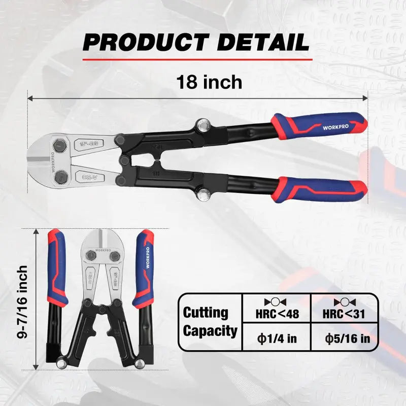 WORKPRO Tri-Material Bolt Cutter  14″ & 18″ Models with Ergonomic Grip