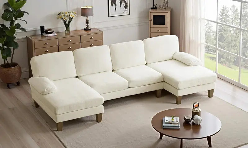 110-Inch U-Shaped Sectional Sofa  Double-Chaise Chenille Living Room Set for Modern Homes (Beige)