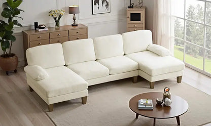 110-Inch U-Shaped Sectional Sofa  Double-Chaise Chenille Living Room Set for Modern Homes (Beige)