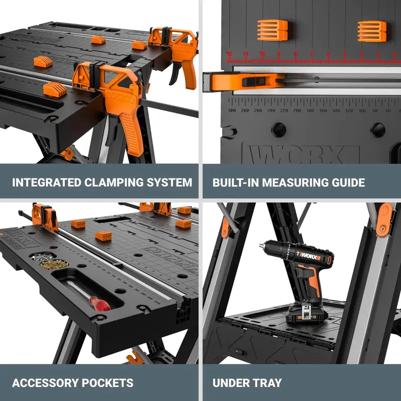 Worx Pegasus 2-in-1 Folding Work Table & Sawhorse with Clamps, 300-1000 lbs Capacity, Portable & Expandable