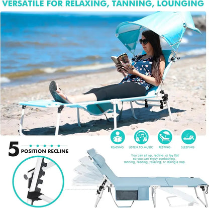 Heavy-Duty Tanning Chair with Face Hole & Sun Canopy  5-Position Recliner, UPF 50+ Shade, Supports Up to 300 lbs for Pool, Beach or Camping