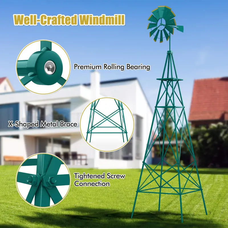 8-Foot All-Weather Ornamental Metal Windmill with Four-Point Base and Weathervane Feature