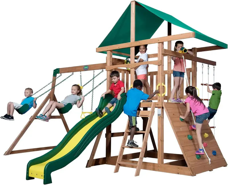 Backyard Discovery Mount McKinley Cedar Swing Set  Full-Feature Outdoor Play System with Slide, Climbing Walls, Swings & Sandbox