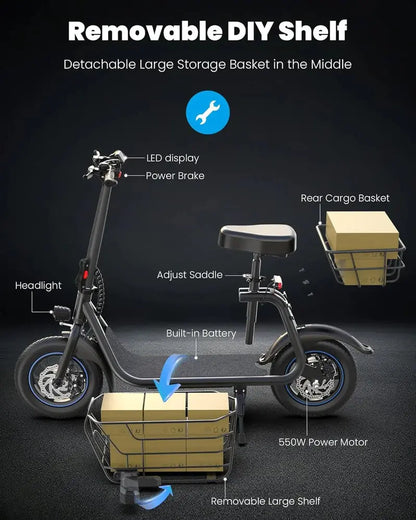 Adult Electric Scooter Featuring a Spacious Center Cargo Basket