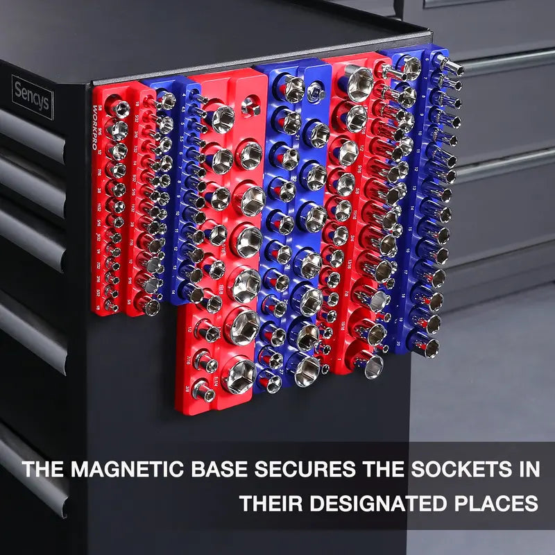 WORKPRO Magnetic Socket Organizer  6-Piece Tray System for 1/4″, 3/8″, and 1/2″ Drives, Holds 141 Standard Sizes