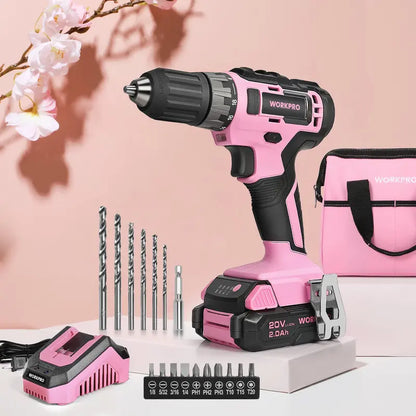 WORKPRO 20V Cordless Drill Driver  Pink Edition with Fast Charger & 11-Inch Carry Bag