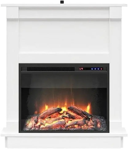 Ameriwood Home Ellsworth Electric Fireplace Console  White Mantel Unit with Built-In Heater and Ambient Glow