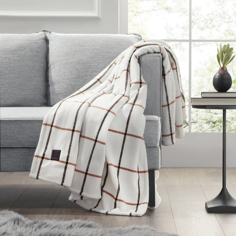 Brookstone Heated Camel Window Pane Throw Blanket  50″ x 60″