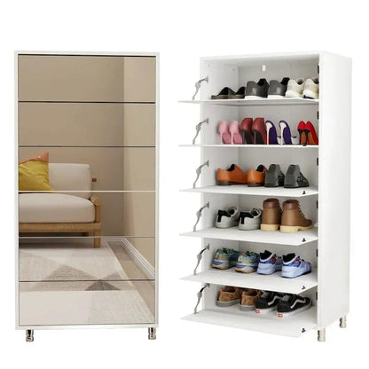 Mirror-Front Shoe Cabinet with Six Flip-Down Drawers  Space-Saving Organizer on Four Sturdy Metal Legs