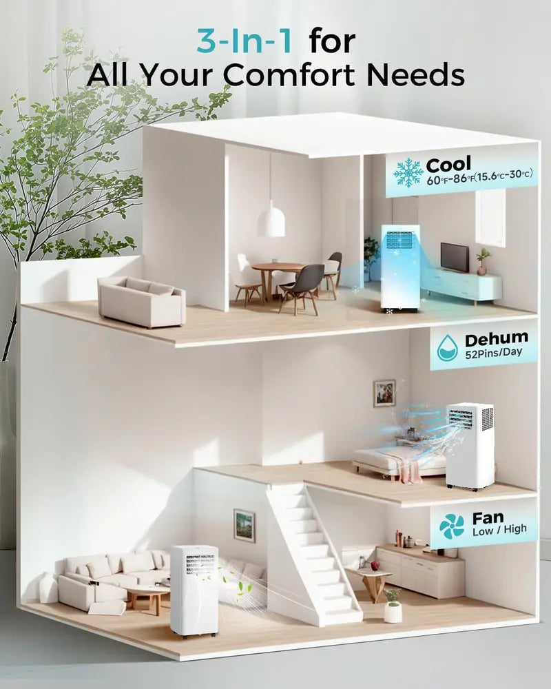 8,000 BTU Portable 3-in-1 Air Conditioner  Ultra-Quiet Cooling, Dehumidifying & Fan Modes for Spaces up to 350 sq ft, Remote & Timer Included