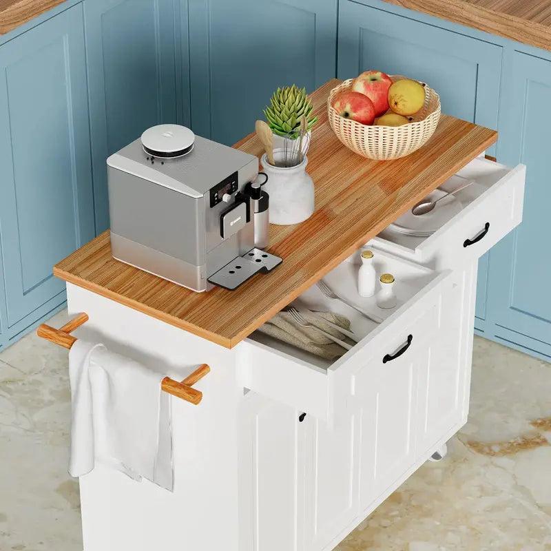White Rolling Kitchen Island Cart with Storage — Wooden Countertop, 2 Drawers, 4 Cabinets, Towel Racks & Adjustable Shelves