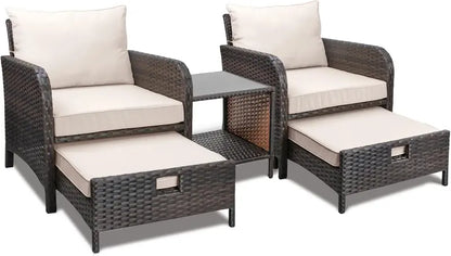 LEVELEVE 5-Piece Brown PE Wicker Patio Conversation Set with Cushioned Chairs and Tempered Glass Table