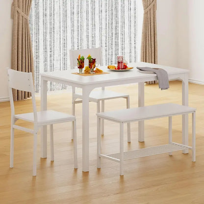 Contemporary Dining Set: Table with 2 Chairs and 1 Bench  Compact Bistro-Style Kitchen or Dining Room Set in Pure White