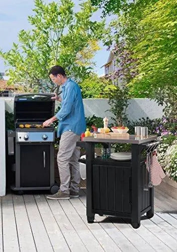 Keter Unity Stainless Steel Outdoor Table & Storage Cabinet  Dark Grey Patio Kitchen Island with Grill Accessory Hooks