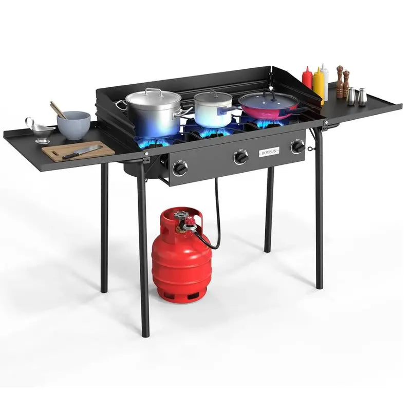 ROVSUN Portable 3-Burner Propane Stove  Compact Cooking Station with Dual Side Shelves