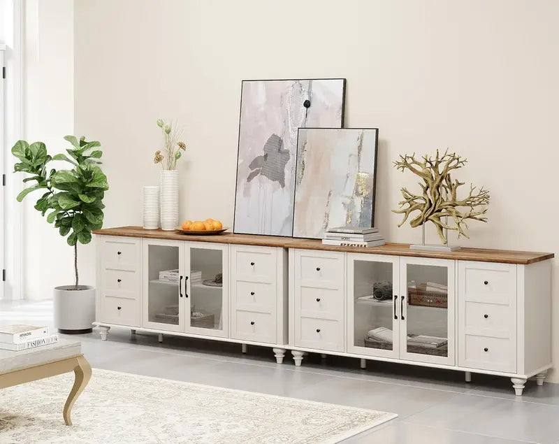 Oak-Finished Sideboard with Glass-Front Doors — Wooden Coffee Bar Cabinet for Dining or Living Room Storage