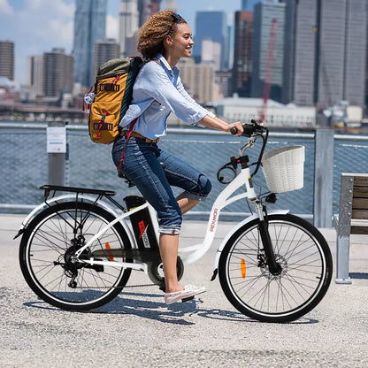 PEXMOR 26″ Cruiser Electric Bike for Adults  350W Motor, 36V 12.5Ah Removable Battery, Shimano 6-Speed, Dual Suspension & Front Basket
