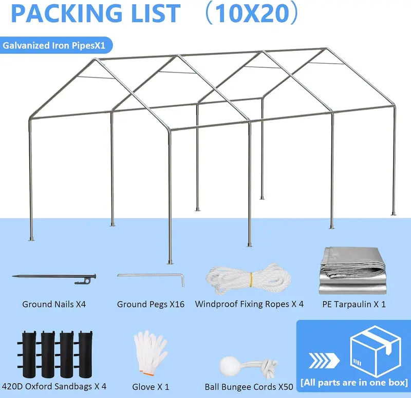 6×8 ft Heavy-Duty Portable Carport Tent  Four-Season Garage Canopy with Removable Walls, Door & Tarpaulin Cover